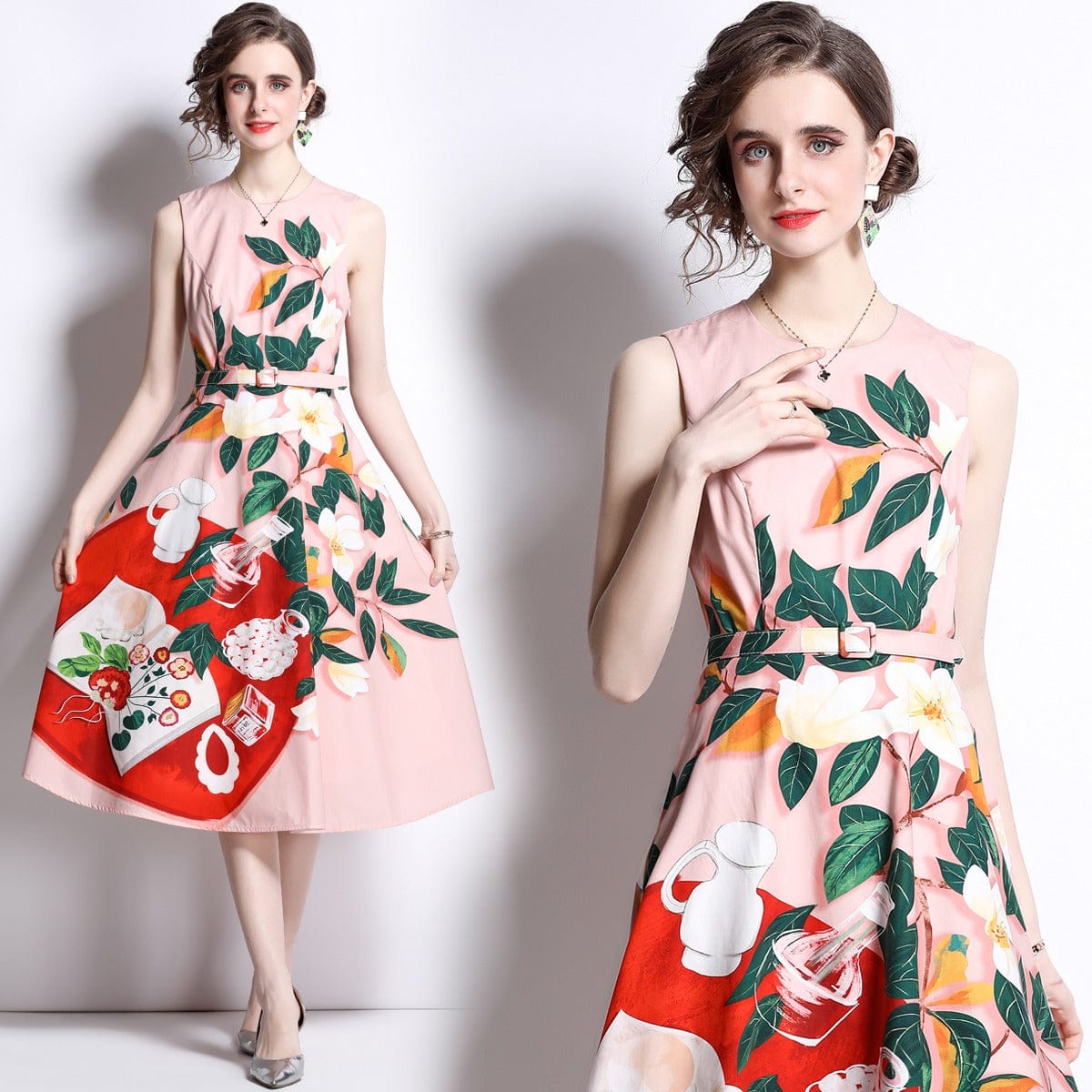 New classic round neck color-block print waist tie slim sleeveless dress to send belt HL9042068