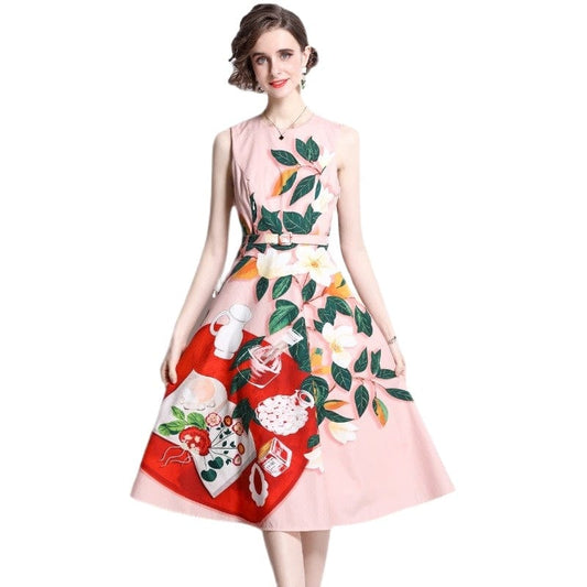 New classic round neck color-block print waist tie slim sleeveless dress to send belt HL9042068