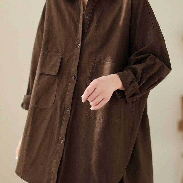 New Comfortable Casual Polo Collar Fashion Fall Loose Retro Button Shirt For Women Long Sleeve