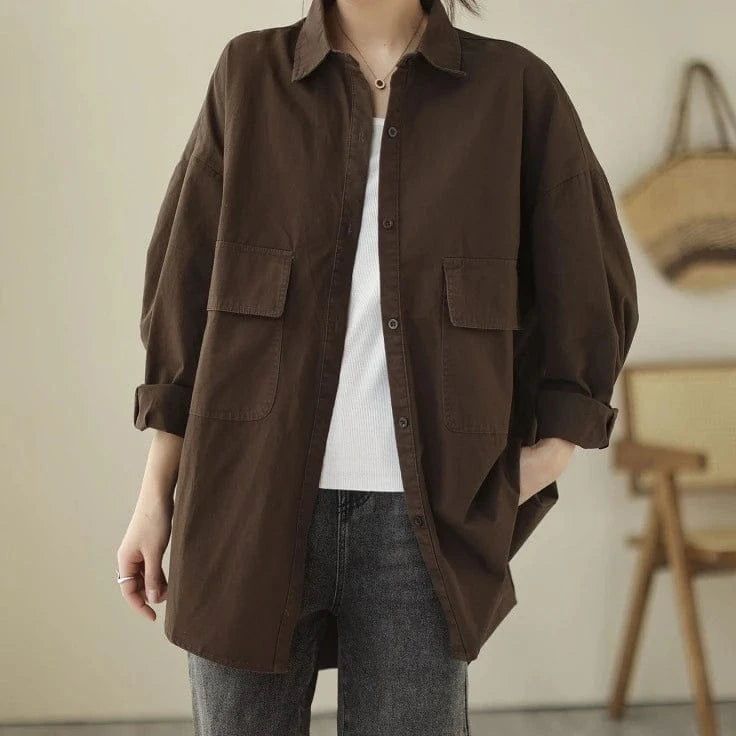 New Comfortable Casual Polo Collar Fashion Fall Loose Retro Button Shirt For Women Long Sleeve