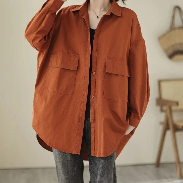 New Comfortable Casual Polo Collar Fashion Fall Loose Retro Button Shirt For Women Long Sleeve