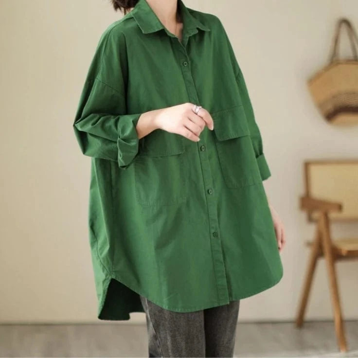 New Comfortable Casual Polo Collar Fashion Fall Loose Retro Button Shirt For Women Long Sleeve
