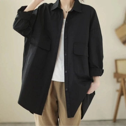 New Comfortable Casual Polo Collar Fashion Fall Loose Retro Button Shirt For Women Long Sleeve