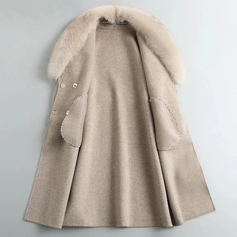 New Coming Real Fox Fur Cashmere Coat Fashion Trench Wool Coat With Belt