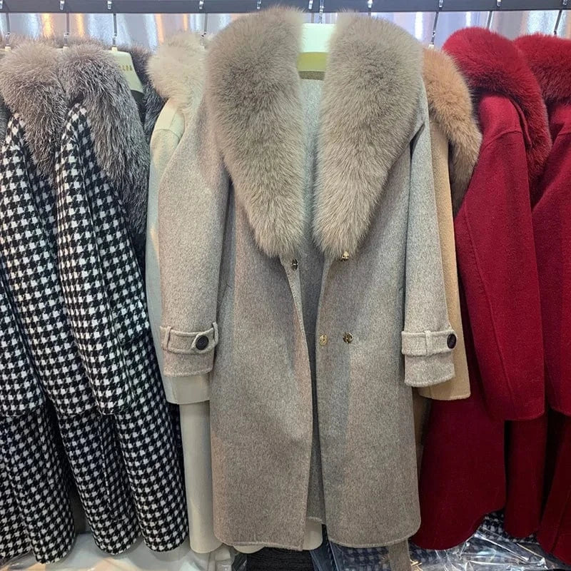 New Coming Real Fox Fur Cashmere Coat Fashion Trench Wool Coat With Belt