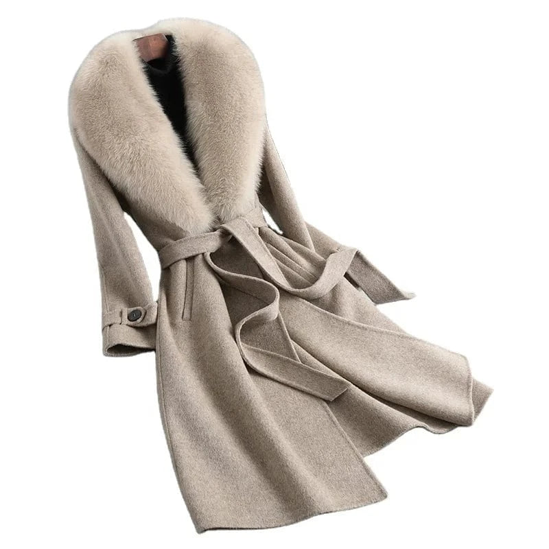 New Coming Real Fox Fur Cashmere Coat Fashion Trench Wool Coat With Belt