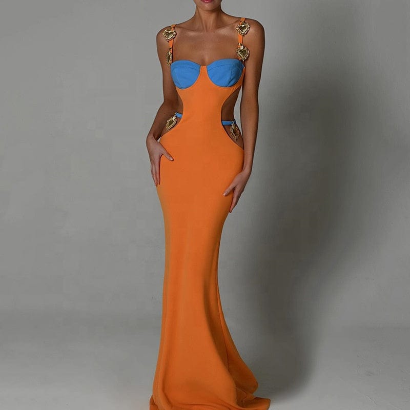 New contrasting color patchwork halter strap Backless A-line dress popular in autumn sexy for women