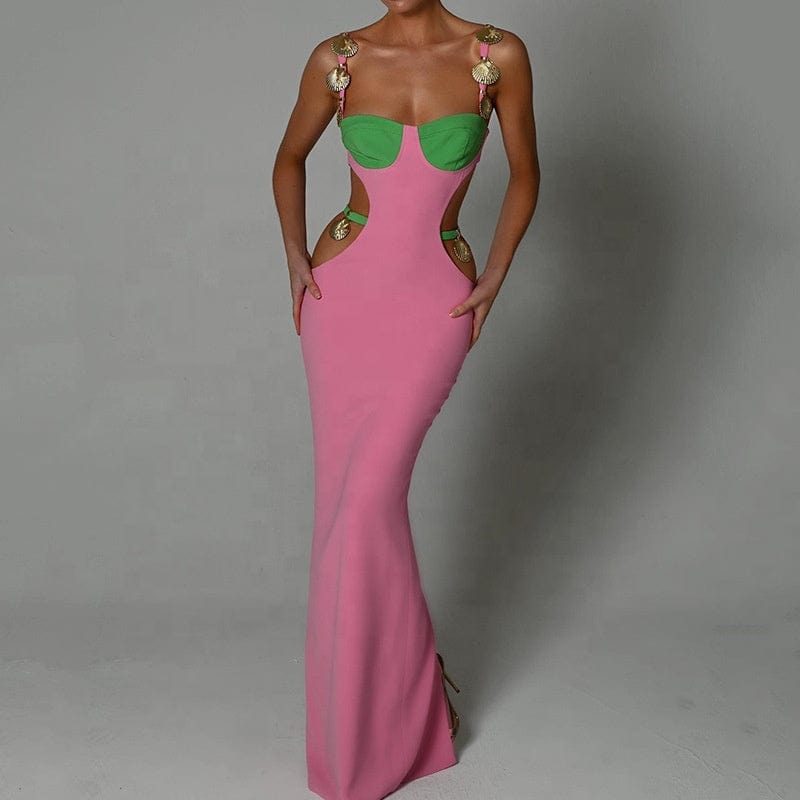 New contrasting color patchwork halter strap Backless A-line dress popular in autumn sexy for women