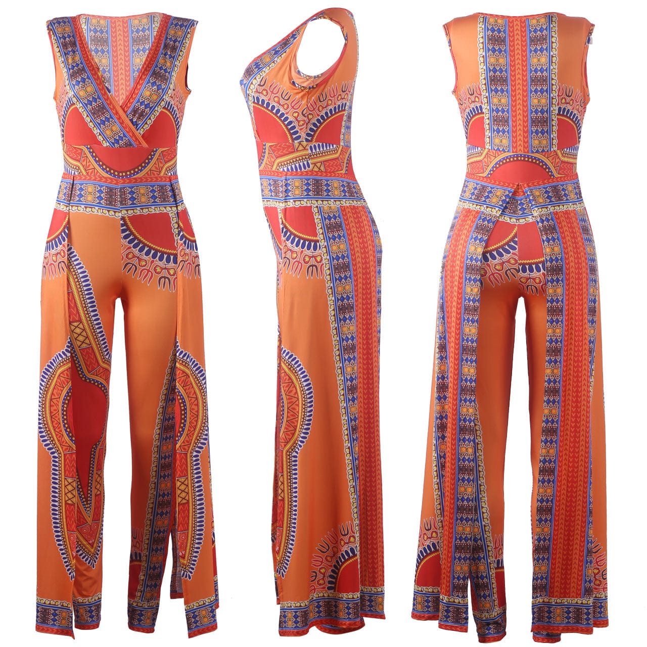 New Design African Orange Print National Style Ladies One Piece Jumpsuit Bohemian Summer Women Body Suite