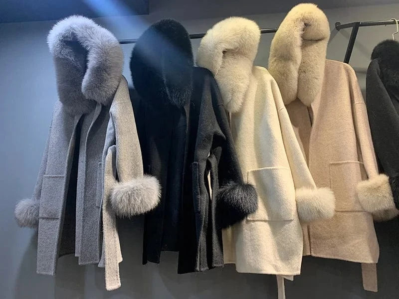 New Design Double Loose Size Wool Coats Women Cashmere Coat With Fur Fox Hood