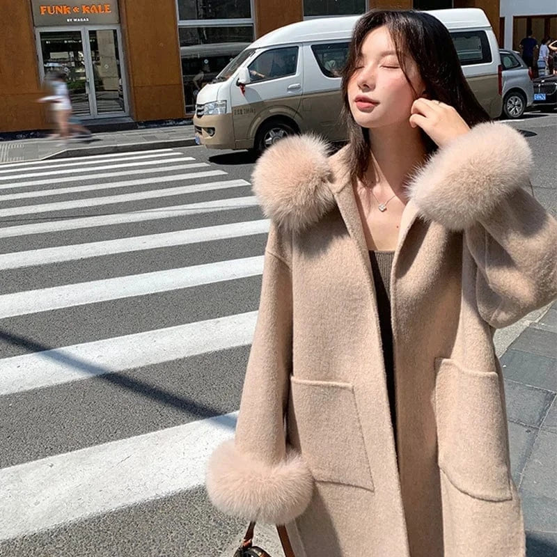 New Design Double Loose Size Wool Coats Women Cashmere Coat With Fur Fox Hood