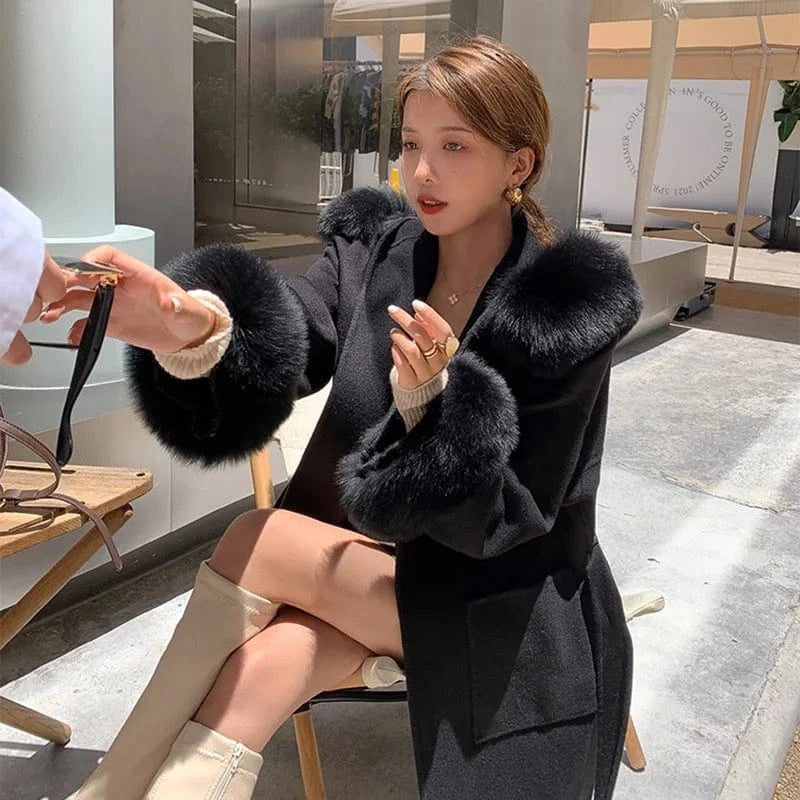 New Design Double Loose Size Wool Coats Women Cashmere Coat With Fur Fox Hood