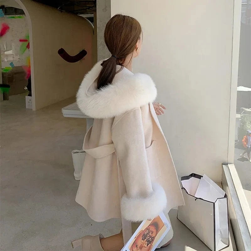 New Design Double Loose Size Wool Coats Women Cashmere Coat With Fur Fox Hood