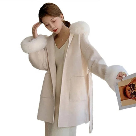 New Design Double Loose Size Wool Coats Women Cashmere Coat With Fur Fox Hood