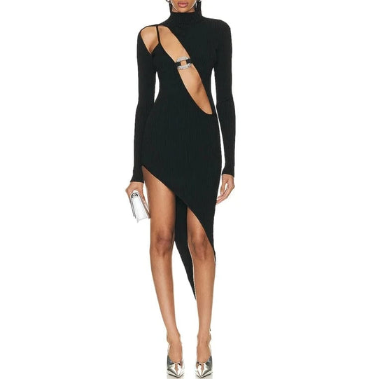 New Design Fashion Women Sexy Cut Out Beaded Black Long Sleeve Party Dress