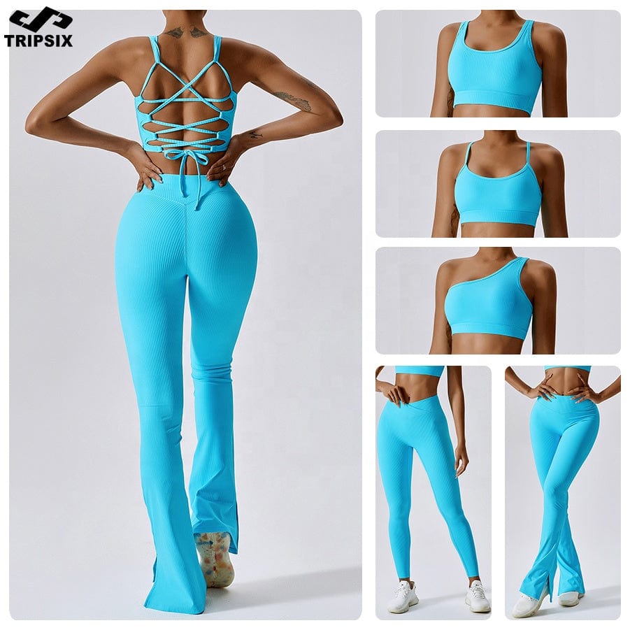 New Design Gym Clothing For Women Workout Yoga Set High Waist Sport Fitness Yoga  Bra Legging Flares Pant Set