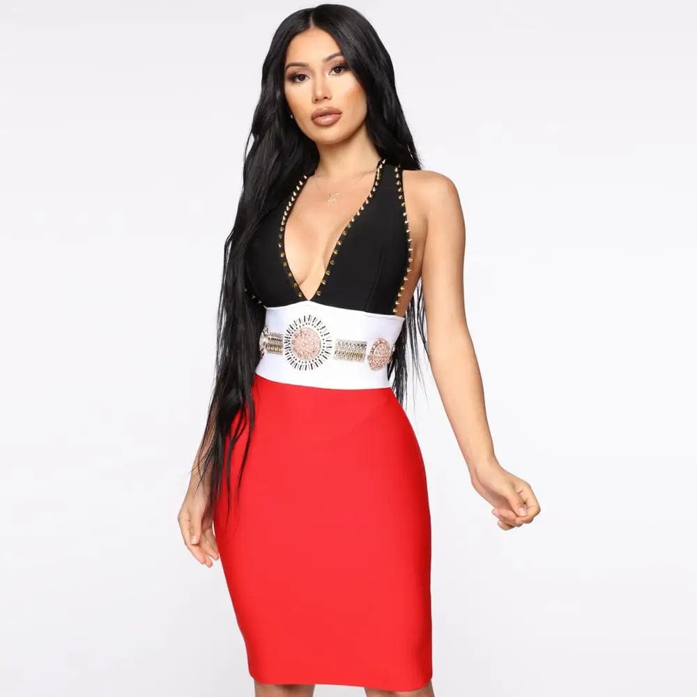 New design handmade metal beading rivets bodycon bandage dress evening party club casual dresses women dresses