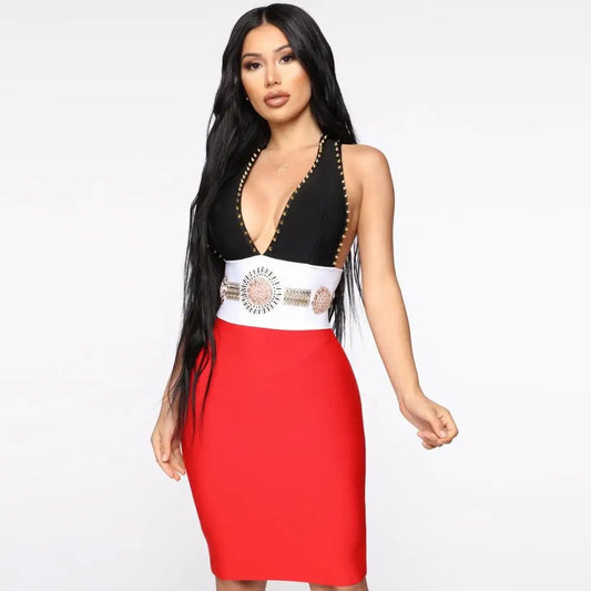 New design handmade metal beading rivets bodycon bandage dress evening party club casual dresses women dresses