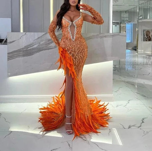 New Design Ladies Orange Elegant Runway Dress Feathers Beading Sexy Maxi Evening Dresses