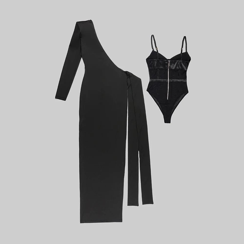 New Design Ladies Sexy One Shoulder Long Dress Black Two Piece Suit And Strap Vest