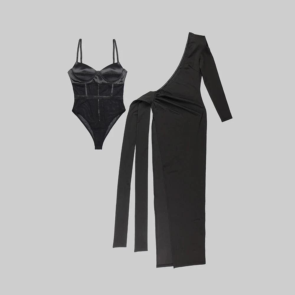 New Design Ladies Sexy One Shoulder Long Dress Black Two Piece Suit And Strap Vest