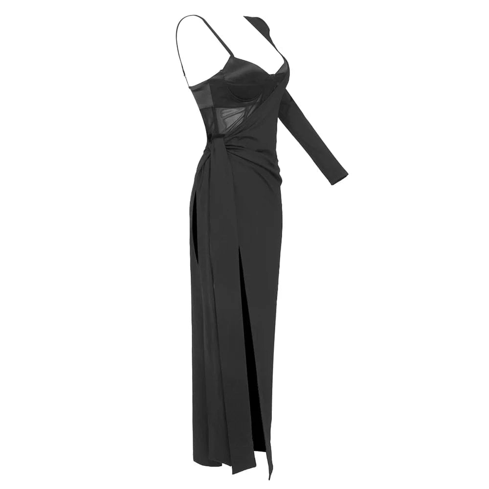 New Design Ladies Sexy One Shoulder Long Dress Black Two Piece Suit And Strap Vest