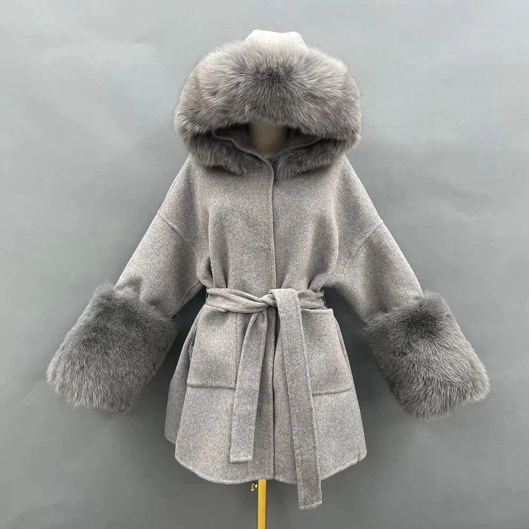 New Design Loose Size Winter Women Warm Fashion Belt Big Fur Cuff And Collar Coat Oversize Hooded Long Cashmere Wool Fur Coats