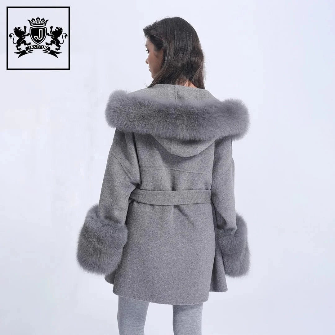 New Design Loose Size Winter Women Warm Fashion Belt Big Fur Cuff And Collar Coat Oversize Hooded Long Cashmere Wool Fur Coats