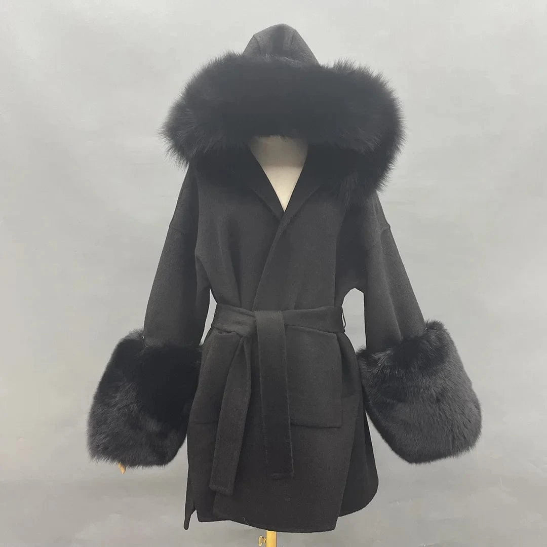 New Design Loose Size Winter Women Warm Fashion Belt Big Fur Cuff And Collar Coat Oversize Hooded Long Cashmere Wool Fur Coats