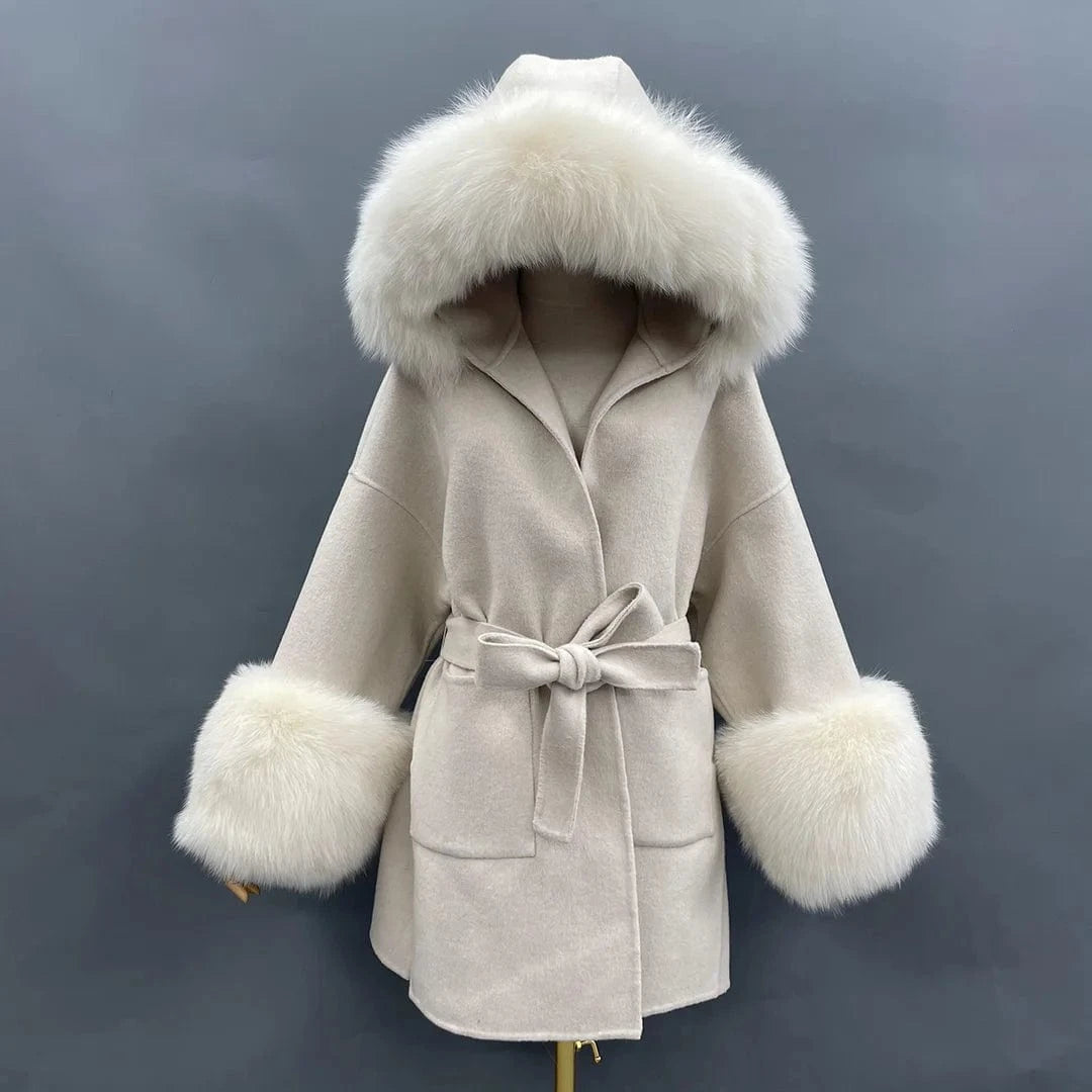 New Design Loose Size Winter Women Warm Fashion Belt Big Fur Cuff And Collar Coat Oversize Hooded Long Cashmere Wool Fur Coats