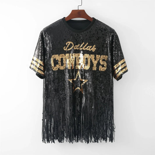 new design  nfl Style  Party fringe t shirts Sequin Dallas Cowboys fashion crop top Women tassels sequins short top