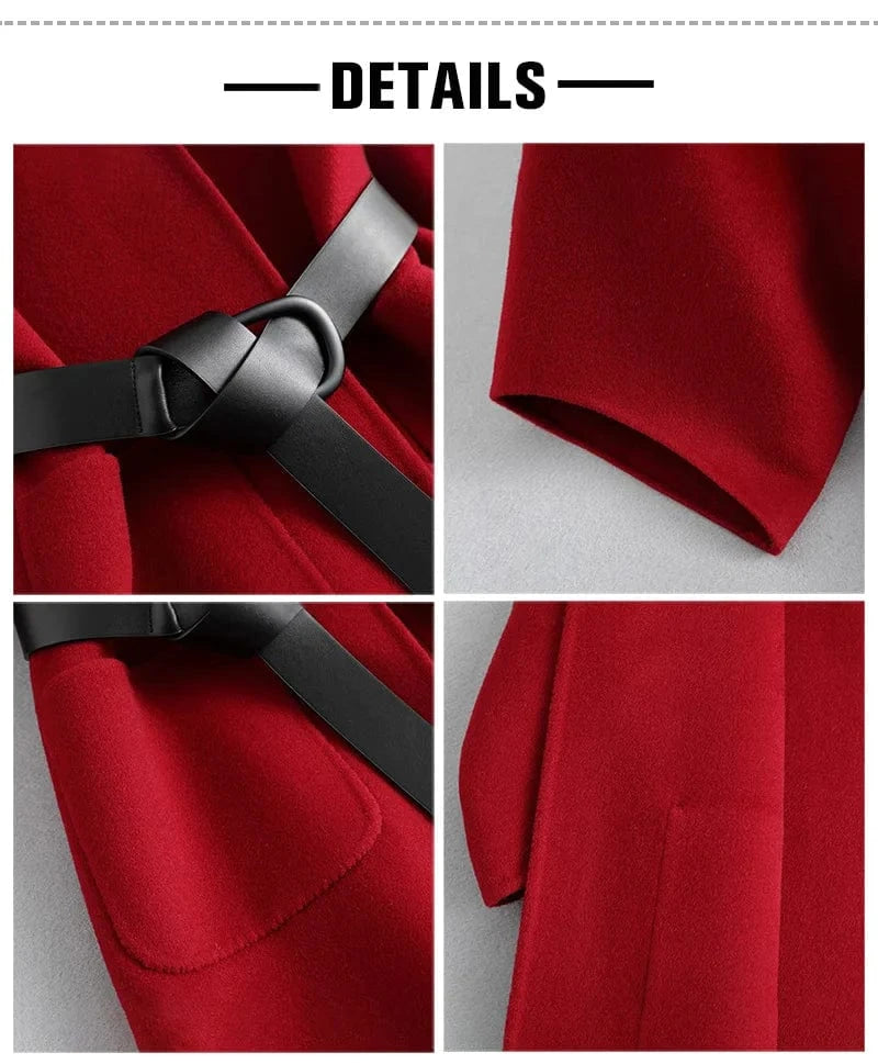 New Design Solid Color Double Faced Winter Cashmere Long Wool Coat Women with Blet