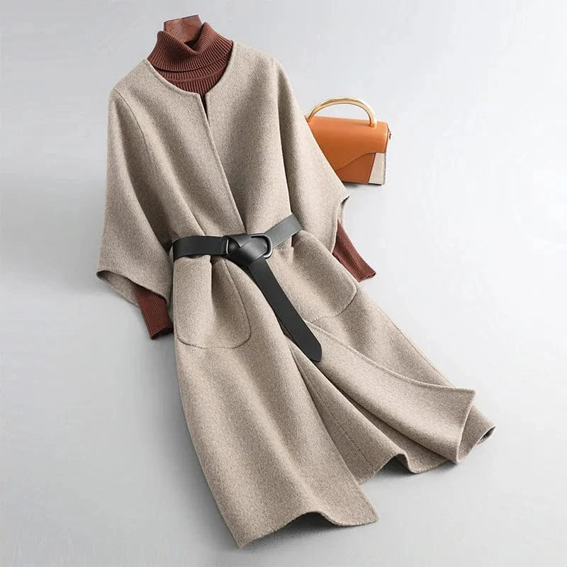 New Design Solid Color Double Faced Winter Cashmere Long Wool Coat Women with Blet
