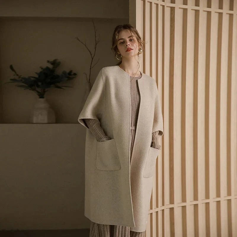 New Design Solid Color Double Faced Winter Cashmere Long Wool Coat Women with Blet