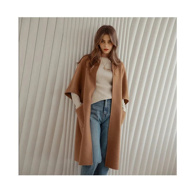 New Design Solid Color Double Faced Winter Cashmere Long Wool Coat Women with Blet