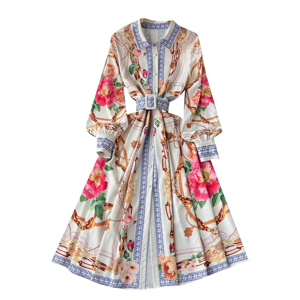 New design spring dress sweet retro lapel bubble sleeve printed pleated Maxi dress
