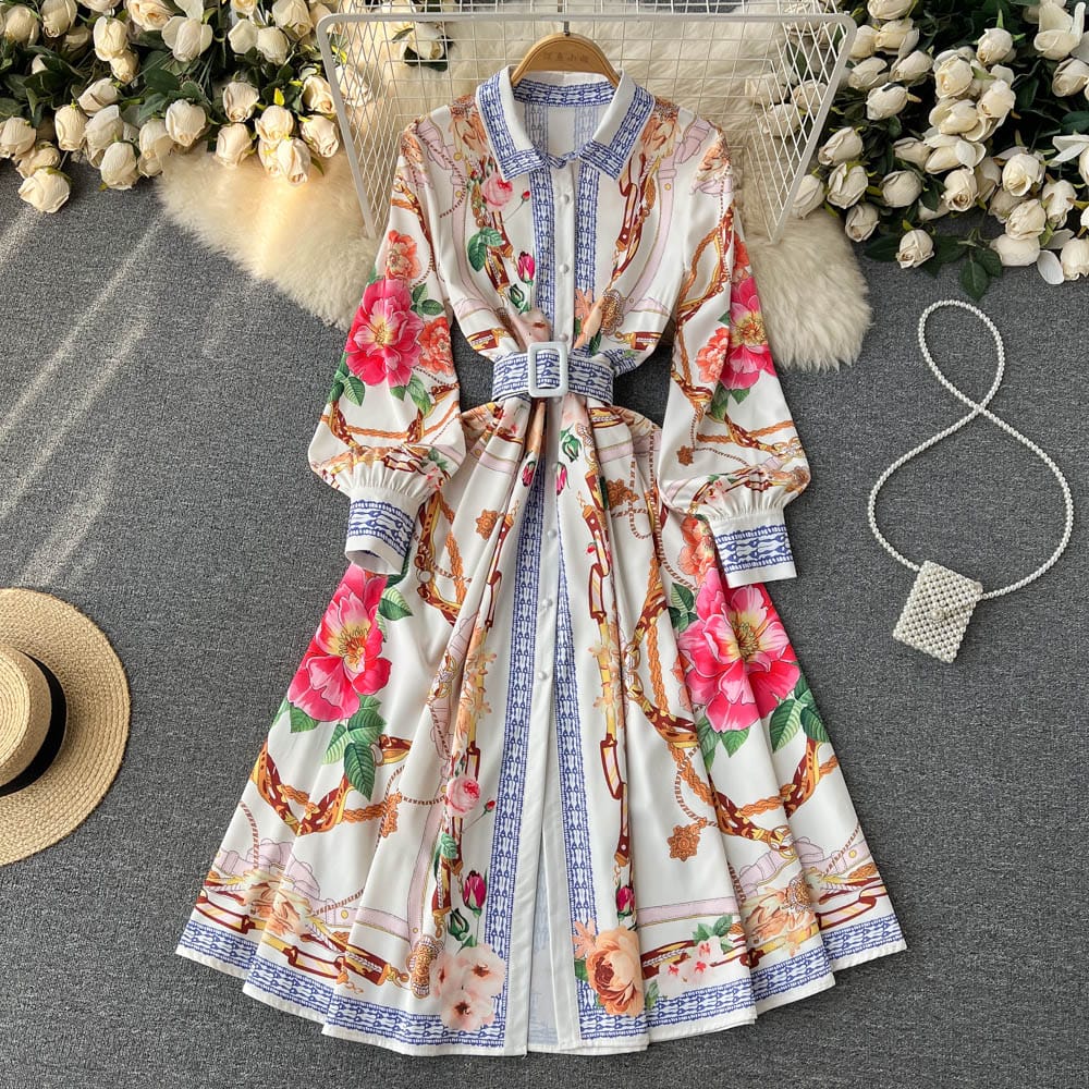 New design spring dress sweet retro lapel bubble sleeve printed pleated Maxi dress