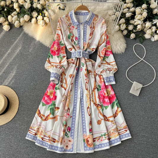 New design spring dress sweet retro lapel bubble sleeve printed pleated Maxi dress