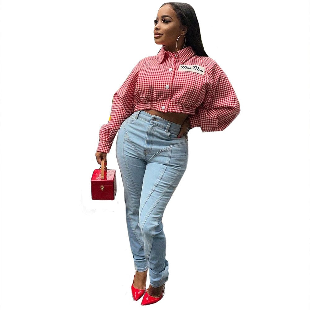 New Design Washed Light Blue Patchwork Skinny Streetwear Fall Denim Pant Women Ladies Jeans