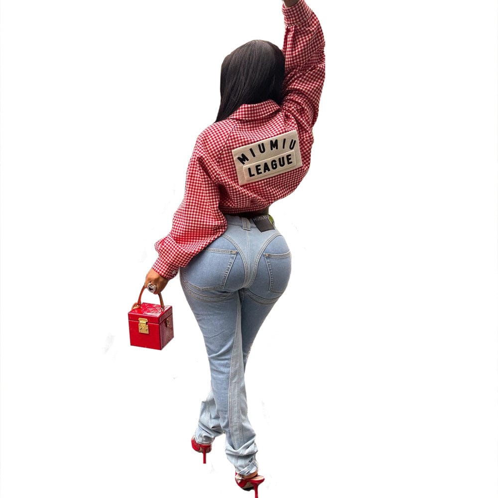 New Design Washed Light Blue Patchwork Skinny Streetwear Fall Denim Pant Women Ladies Jeans