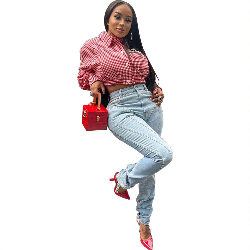 New Design Washed Light Blue Patchwork Skinny Streetwear Fall Denim Pant Women Ladies Jeans