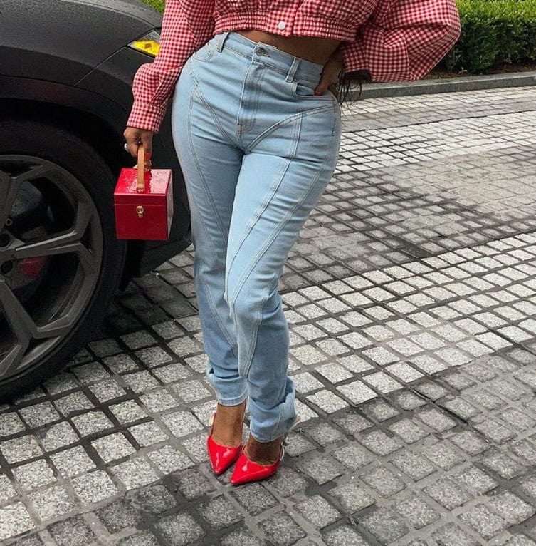 New Design Washed Light Blue Patchwork Skinny Streetwear Fall Denim Pant Women Ladies Jeans