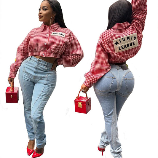 New Design Washed Light Blue Patchwork Skinny Streetwear Fall Denim Pant Women Ladies Jeans