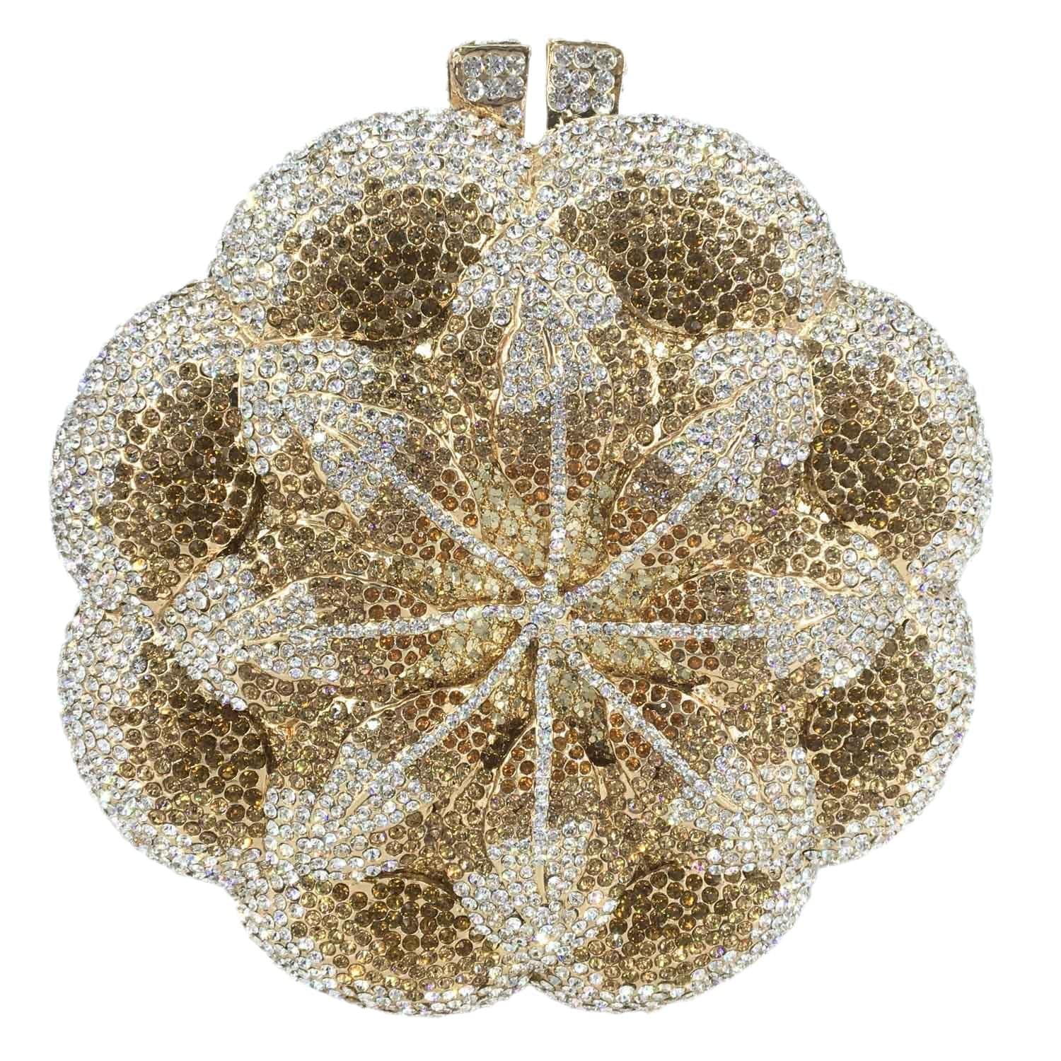 New Designer Luxury Flower Shape Crystal Rhinestone Party Clutch Evening Bag Hard Metal Round Bridal Purse