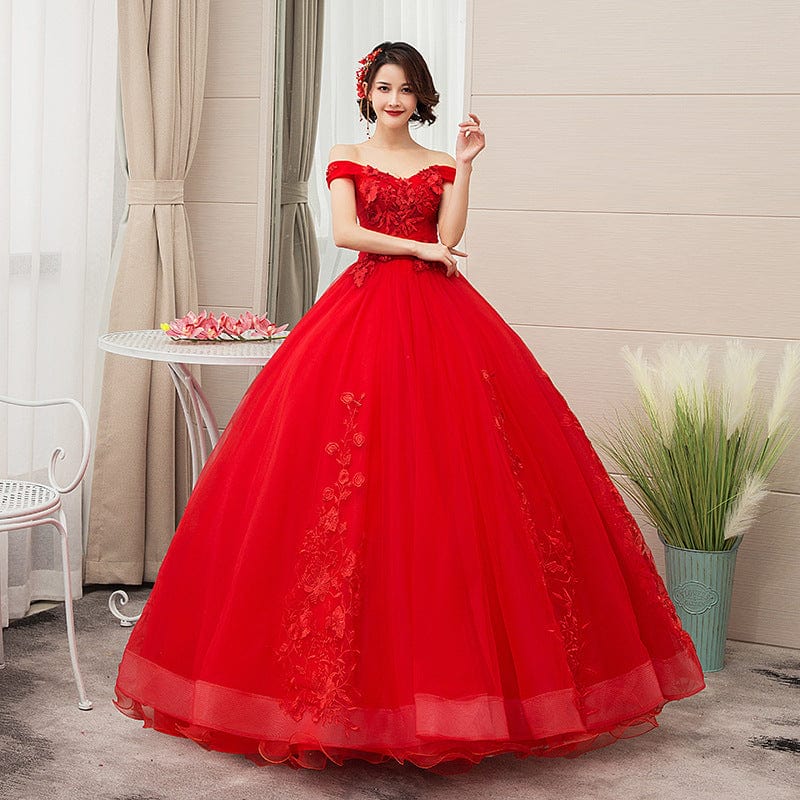 New Designs Off Shoulder Gold Ball Gown Wedding Dresses Luxury Lace Up Flower Embroidered Banquet Evening Party Dress