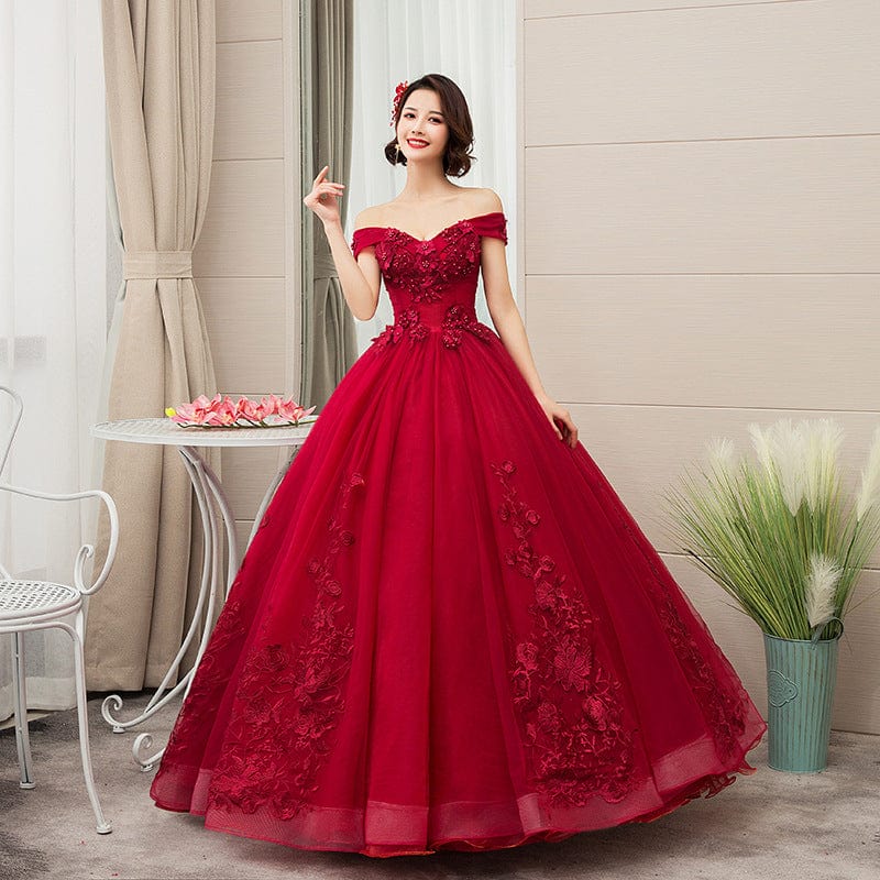 New Designs Off Shoulder Gold Ball Gown Wedding Dresses Luxury Lace Up Flower Embroidered Banquet Evening Party Dress