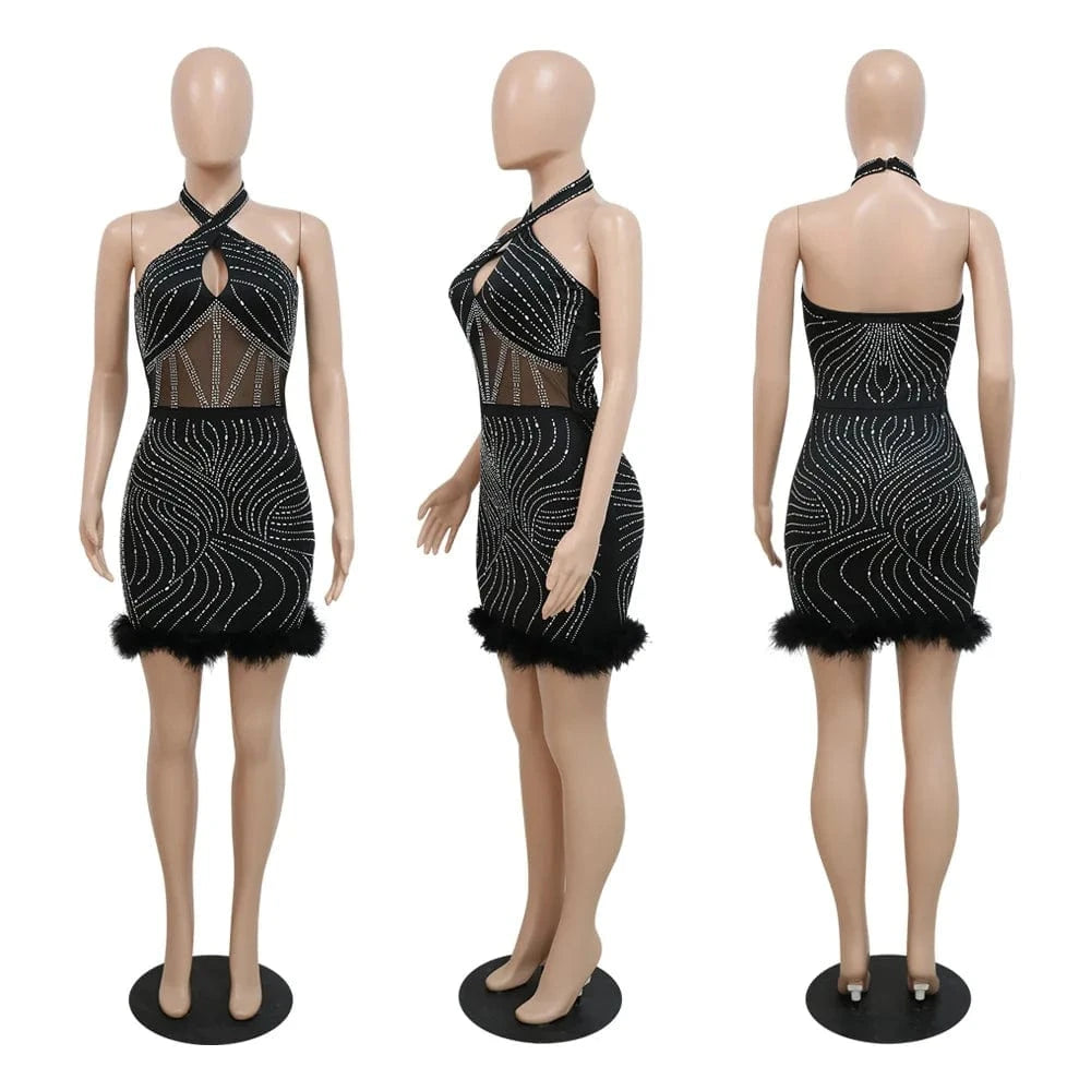 New Elegant Fashion Women Sexy Feather Celebrity Rhinestone Party Night Club Bodycon Mini Short Dress