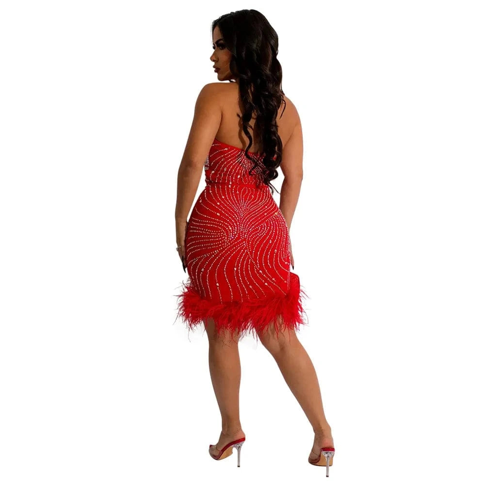 New Elegant Fashion Women Sexy Feather Celebrity Rhinestone Party Night Club Bodycon Mini Short Dress