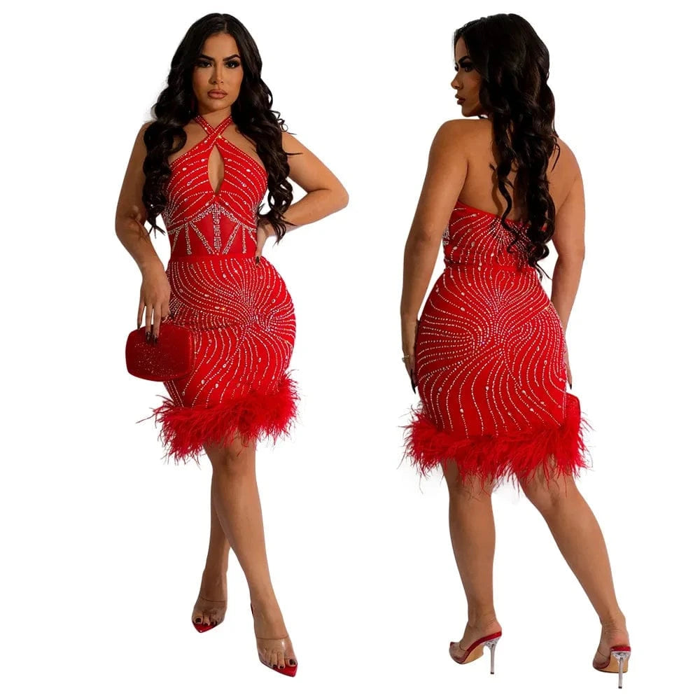 New Elegant Fashion Women Sexy Feather Celebrity Rhinestone Party Night Club Bodycon Mini Short Dress