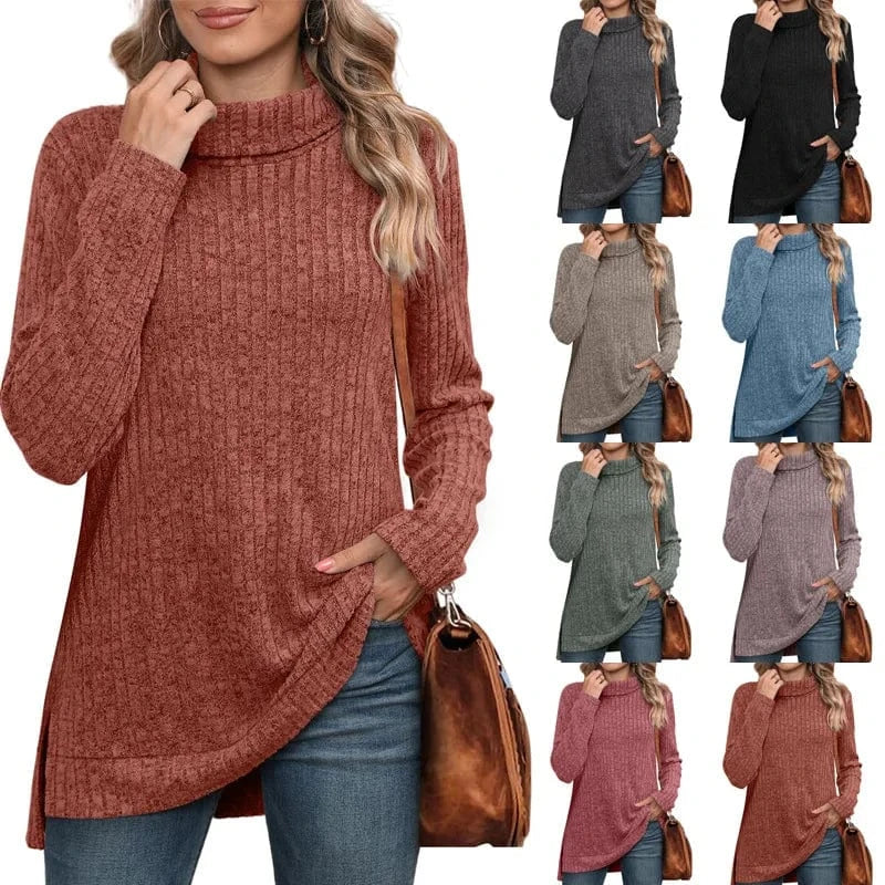New European and American Autumn and Winter High collar neck side split Solid color Long sleeve T-shirt  women's clothing